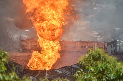 THIS picture shows a fire caused by a gas pipeline leak in Puchong, Selangor on 1 April 2025. A massive fire forced people from their homes during Eid celebrations as it towered over residential districts on 1 April near the Malaysian capital Kuala Lumpur.
