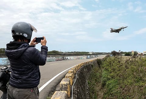 A Taiwanese fighter jet prepares to land at the Hsinchu Airbase on Wednesday.