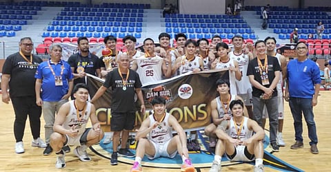 university of Perpetual Help System Dalta celebrates after winning the CamSur Cup invitational basketball championship late Saturday at the Fuerte Sports Complex in Pili, Camarines Sur.