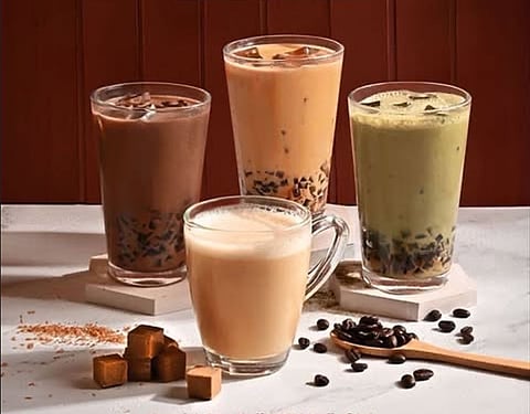 (CLOCKWISE) Iced Brown Sugar Dark Chocolate, Iced Brown Sugar Latte, Iced Brown Sugar Matcha and Hot Brown Sugar Latte.