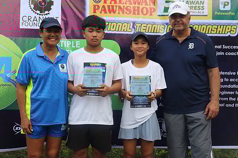 Kathlyn Bugna (second from right) holds her trophy after securing two victories in the MAC’s Crankit National Juniors Tennis tournament. Joining her are (from left) coach Patricia Puzon, boys’ 14U winner Anthony Castigador and tennis coach and educator Philippe Matta.   