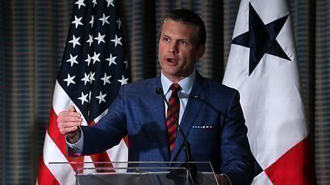 US Secretary of Defense Pete Hegseth speaks during a joint press conference with Panama's Security Minister Frank Abrego (out of frame) after the signing of a bilateral agreement, in Panama City on 9 April 2025. Hegseth arrived in Panama for the regional security summit and to reinforce the Trump administration's continued interest over the canal.