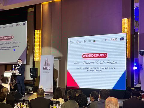 Laurent Saint-Martin, Minister Delegate for Foreign Trade and French Nationals Abroad to the Philippines, delivering his opening remarks during the France-Philippines Business Forum in Makati City on Friday.