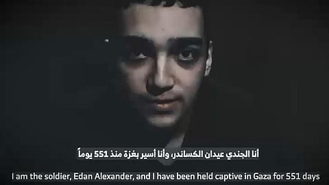 A picture provided by the Hostages and Missing Families Forum, showing a still from a video released by Hamas of hostage Edan Alexander 