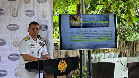 Philippine Navy spokesperson for West Philippine Sea Rear Admiral Roy Vincent Trinidad presenting the  forensic analysis of five submersible drones discovered within Philippine waters during a press conference in Camp Aguinaldo, Quezon City on Tuesday, 15 April 2025.  (Photo by Lade Kabagani)