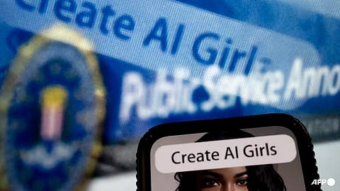 An advertisement to create AI girls reflected in a public service announcement issued by the FBI regarding malicious actors manipulating photos and videos to create explicit content and sextortion schemes on Jul 18, 2023.
