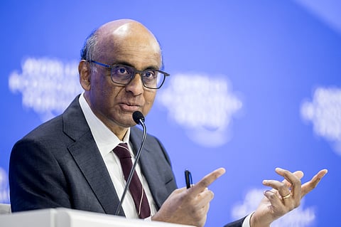 Singapore's President Tharman Shanmugaratnam gestures as he addresses the audience during the annual meeting of the World Economic Forum (WEF) in the Alpine resort of Davos on 24 January 2025.
