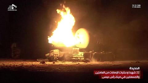 Fire and destruction at the site of US strikes on Yemen's Ras Issa fuel port, shown in an image grab from footage released by the rebel Huthis' Al-Masirah TV 