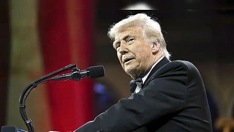 US President Donald Trump speaks at the National Republican Congressional Committee’s ‘President’s Dinner’ at the National Building Museum, where he remarked that ‘These countries are calling us up, kissing my ass,’ speaking about world leaders seeking to temper his sweeping tariffs, in Washington, DC.