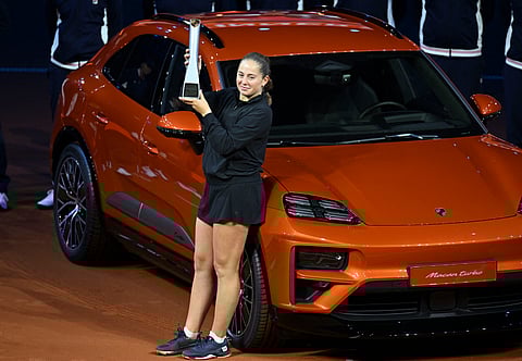 Jelena Ostapenko celebrates after stunning Aryna Sabalenka to win the title in the Stuttgart Open.