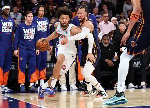 Cade Cunningham #2 of the Detroit Pistons drives to the basket against Jalen Brunson #11 of the New York Knicks during the fourth quarter in Game Two of the Eastern Conference First Round NBA Playoffs at Madison Square Garden on April 21, 2025 in New York City.