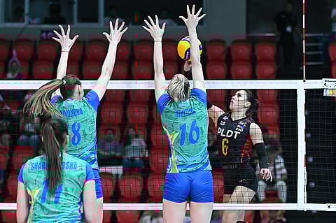 SaviDavison of PLDT hits a brick wall as Ukrainian import Daria Sharhorodska of Kazakh club Zhetysu shrouds the net with her imposing defense during the knockout quarterfinals of the AVC Women’s Volleyball Champions League.