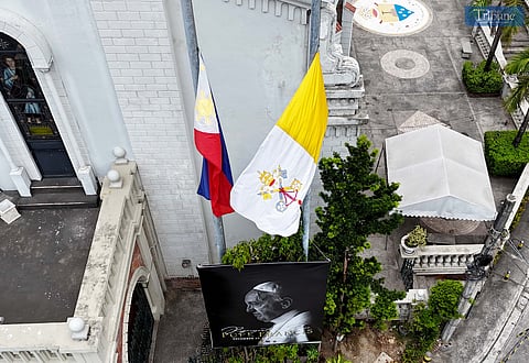 On Thursday, 24 April 2025, the Philippine flag at the Immaculate Conception Cathedral of Cubao is seen flying at half-mast. This follows President Ferdinand Marcos Jr.’s declaration of a national mourning period in honor of Pope Francis, who passed away earlier this week. The mourning period, which began immediately after the announcement on Wednesday, will last until the late pontiff's burial on Saturday.