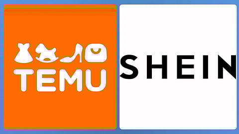  Side-by-side logos of e-commerce platforms Temu (orange background with white icons and text) and Shein (white background with black text), representing the two fast-fashion and online retail competitors.