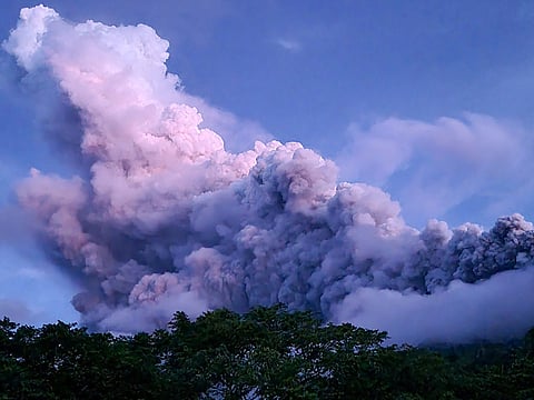 Social media page of Marcky Ragasa of the Bulusan Municipal Disaster Risk Reduction and Management Office shows Bulusan volcano spewing ash during an eruption as seen from San Roque village in Bulusan town, Sorsogon province.

