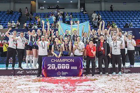 ZHETYSU VC of Kazakhstan celebrates after beating VTV Bình Dien Long An of Vietnam, 25-14, 20-25, 25-23, 25-20, to win the 2025 AVC Women’s Volleyball Champions League title late Sunday at the Philsports Arena.