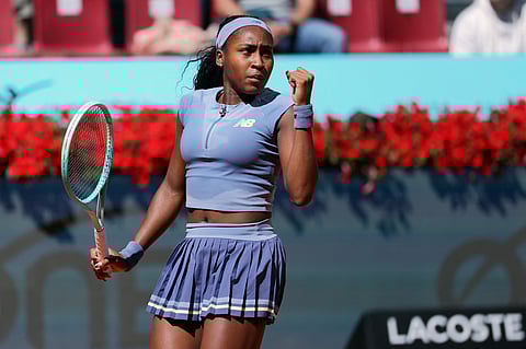 Coco Gauff reacts after beating Belinda Bencic 6-4, 6-2 to advance to the Last 16 of the Madrid Open. 