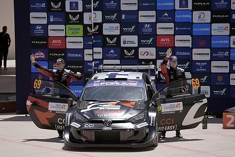 KALLE Rovanpera of Finland (right) and his co-driver Jonne Halttunen of Finland from the team Toyota Gazoo Racing WRT celebrate after winning the World Rally Championship Rally Islas Canarias.