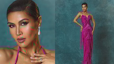 Winwyn Marquez stuns in a hot pink, beaded halter gown with a plunging neckline, her hair slicked back in an elegant updo as she poses confidently—her final pageant look following her Miss Universe Philippines 2025 placement.