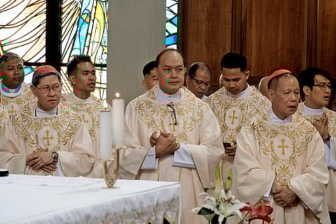 From left, Cardinals Luis Antonio Tagle, Pablo Virgilio David, and Jose Advincula concelebrate Mass for 'Collegio Day' at the Pontificio Collegio Filippino chapel in Rome on May 4, 2025. (Photo courtesy of ROY LAGARDE/CBCP NEWS)