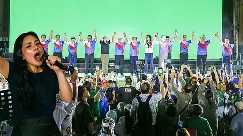 Show of force In fiery speeches embodying the Duterte brand, Vice President Sara Duterte (fifth from left) and Kitty Duterte (inset), daughters of former President Rodrigo Duterte, endorse the PDP Laban’s DuterTen slate, electrifying a large crowd at the Miting de Avance in Liwasang Bonifacio, Manila, on Thursday.