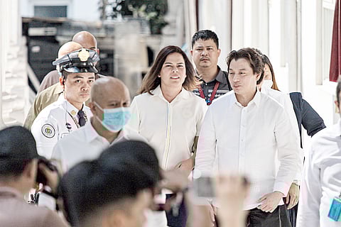 VICE President Sara Duterte appears at the Department of Justice in Manila yesterday, to file her counter-affidavit against complaints of inciting to sedition and grave threats. This was after she allegedly plotted to kill President Bongbong Marcos and other members of his family. 