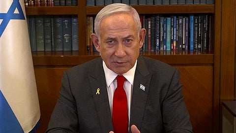 (FILES) Israeli Prime Minister Binyamin Netanyahu during a televised address in Jerusalem on January 18, 2025.