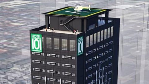 A rendering of the upcoming Hotel101-Roxas Boulevard, a 34-story landmark project by DoubleDragon set to become the largest hotel along Roxas Boulevard with 700 rooms, premium amenities, and a rooftop helipad.