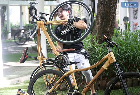Exhibitors present a bamboo bike to the media during “Pedal and Repair: Multi-City Bike Mechanic Workshop and Bike Exhibit” held at QCX in Quezon City Memorial Circle on Friday, 16 May 2025.

Also featured were bike pedals made of rice husks!