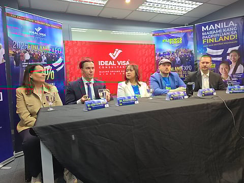 (FROM left): Tampere Adult Education Centre’s Practical nursing trainer Kaisa-Leena Satamo, TAKK director of Global Partnership Peter Perttula, Ideal Visa Consultancy CEO Charity Delmo, Business Tampere project manager Sami Puttonen and TAKK’s Food services trainer Juha Alajoki address media queries on Finland’s migration opportunities during a press conference at Ortigas Center, Pasig City on Thursday, 15 May. 
