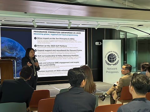UNITED Nations Global Compact chief of programs Tonilyn Lim briefs GCNP members and the Permanent Mission of the Philippines to the United Nations minister during the high-level dialogue on 2 May at the BPI Townhall.