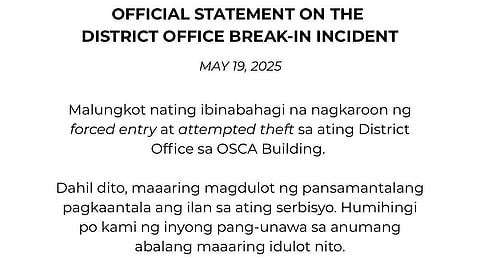 Marikina reports OSCA building break-in
