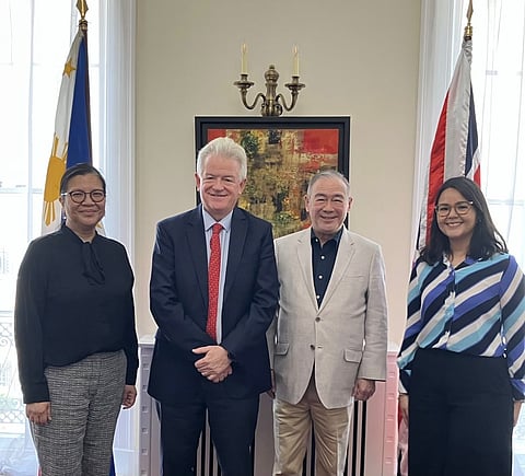 Chris Nelson of the British Chamber of Commerce Philippines poses with DTI Commercial Counsellor Michelle Sanchez, Ambassador Teddy Locsin Jr., and Consul Bea Martinez during a courtesy visit to the Philippine Embassy in London.