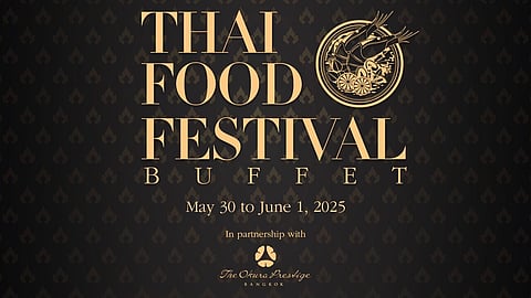 Poster for Hotel Okura Manila's Thai Food Festival, showcasing a curated Thai buffet with guest chef Phuvadol Chanasenee from The Okura Prestige Bangkok, happening from 30 May to 1 June 2025.