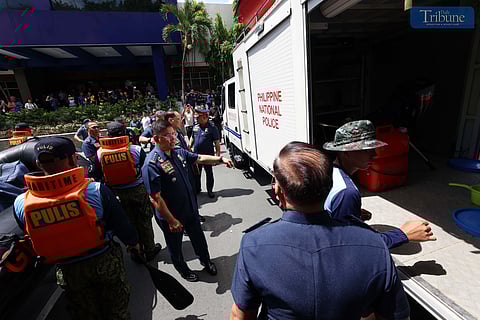 Philippine National Police Chief PGen Rommel Marbil, along with other officials, conducts annual inspection of disaster response equipment from various PNP contingents at Camp Crame in Quezon City on 21 May 2025.  