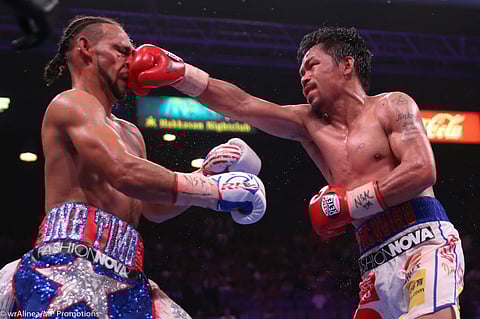 
Manny Pacquiao attempts to turn back the hands of time next month in the hopes of reenacting this winning moment when he stunned the erstwhile unbeaten Keith Thurman in 2019. 