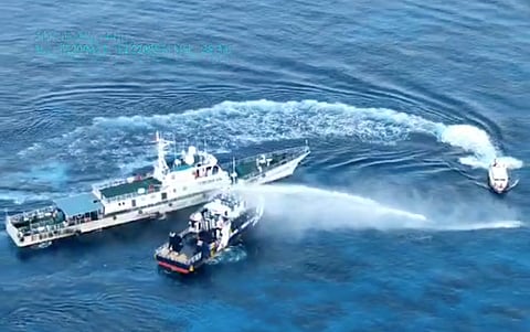 For the first time, the China Coast Guard fires a water cannon at a smaller civilian vessel of the Philippine government during a marine scientific research mission near Sandy Cay in the West Philippine Sea.
