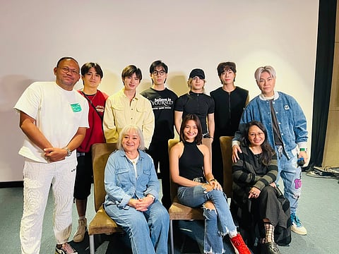 Standing are director Adolf AliX Jr. P-pop band BILIB and RS Francisco. Seated are the cast of 'Faney' Laurice Guillen, Althea Ablan and Angeli Bayani.