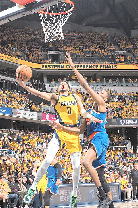 Tyrese Haliburton produces his second career playoff triple double of 32 points, 15 assists and 12 rebounds in the Indiana Pacers’ 130-121 Game Four victory over the New York Knicks for a 3-1 lead in their NBA Eastern Conference Finals showdown.
