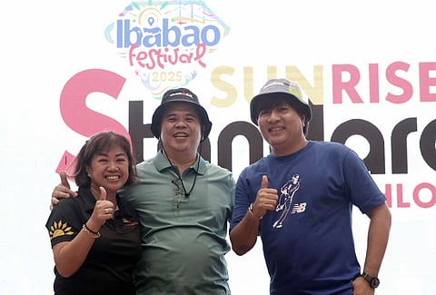 NORTHERN Samar Gov. Edwin Ongchuan (center) flashes a thumbs-up alongside Sunrise Events Inc. president Princess Galura (left) and Vice Gov. Clarence Dato during a break in the press conference launching the Ibabao Festival 2025 Sunrise Standard Triathlon Recon Race that reels off this Sunday in Catarman, Northern Samar.