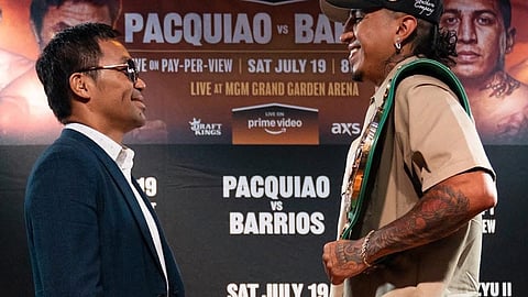 Manny Pacquiao, six inches shorter, and six-footer Mario Barrios, drumbeat their 19 July world title fight in Las Vegas.