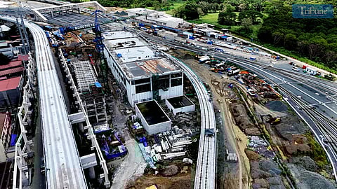 The under-construction Metro Rail Transit Line 7 (MRT-7) depot in San Jose del Monte, Bulacan, photographed on Wednesday. Operator San Miguel Corporation announced that full operations are targeted for 2026. 
