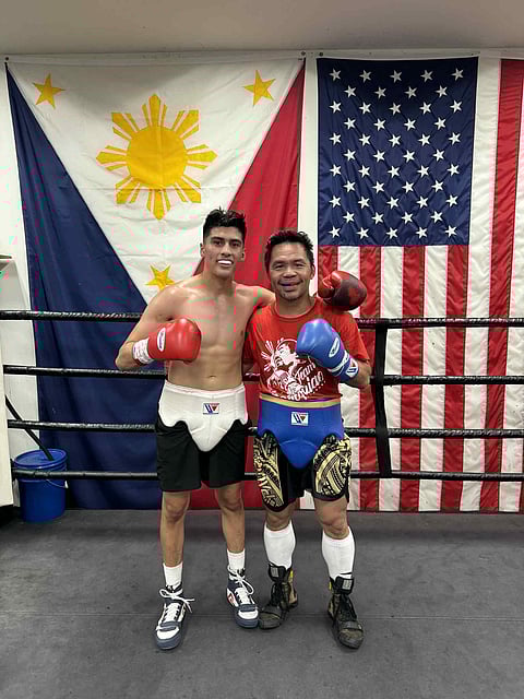 MANNY Pacquiao (right) and undefeated sparmate Samuel Contreras cap their first sparring session at the Wild Card Boxing Club in Hollywood.