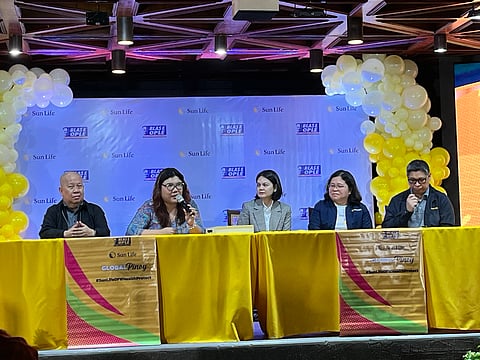 ESTELLE Ople Osorio, President of the Blas F. Ople Policy Center (2nd from left), and Carla Gonzalez-Chong, Chief Client Experience and Marketing Officer of Sun Life Philippines (center), among other officials of Sun Life Philippines, answer questions from the media during the Global Pinoy Health and Financial Wellness Day at the Amosup Auditorium in Intramuros, Manila on Thursday.