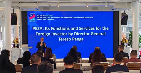 PEZA director general Tereso Panga presents the country's ecozones to Chinese investors during the three-day investment mission to Shenzhen, China, from 28 to 30 May 2025.