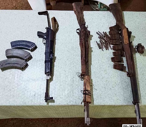 THREE high-powered firearms were seized by troops of the 26th Infantry Battalion under the 4th Infantry (Diamond) Division in a recent surrender of a former Milisya ng Bayan member and revelation of two arms caches in Brgy. Lydia, La Paz, Agusan del Sur. 