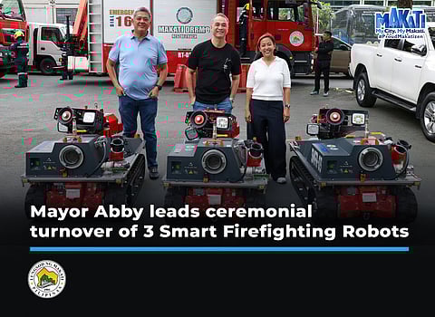 Outgoing Makati Mayor Abby Binay (right) and Representative Luis Campos lead the ceremonial turnover of the three units of Rosenbauer Smart Firefighting Robot at Makati City Hall. Binay said that the robots will help the city’s fire suppression and rescue efforts especially during commercial fires, enclosed area rescues and other complex emergencies. 