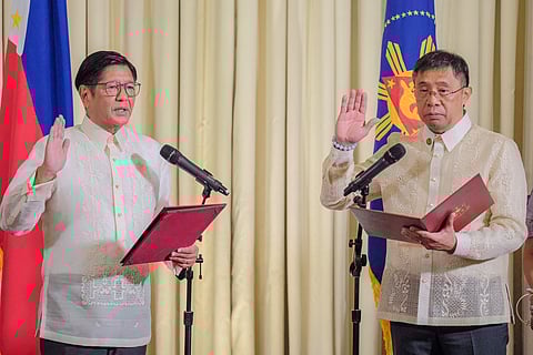 NEWLY appointed Supreme Court Associate Justice Raul Villanueva takes the oath of office before President Ferdinand Marcos Jr. at Malacañang Palace on Tuesday, June 10, 2025.