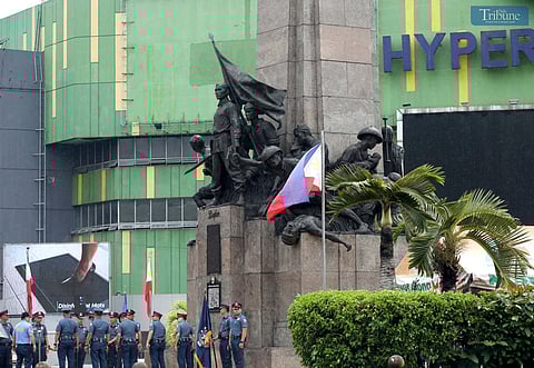 Members of the Northeastern Police District rehearse at the Andres Bonifacio Monument in Caloocan on Wednesday, 11 June 2025, ahead of the 127th Independence Day celebration.