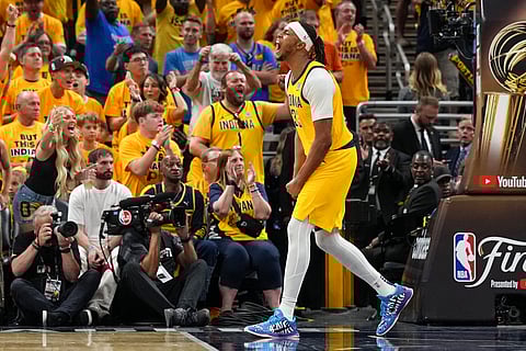 MYLES Turner #33 of the Indiana Pacers celebrates during the game against the Oklahoma City Thunder during Game Three of the 2025 NBA Finals
